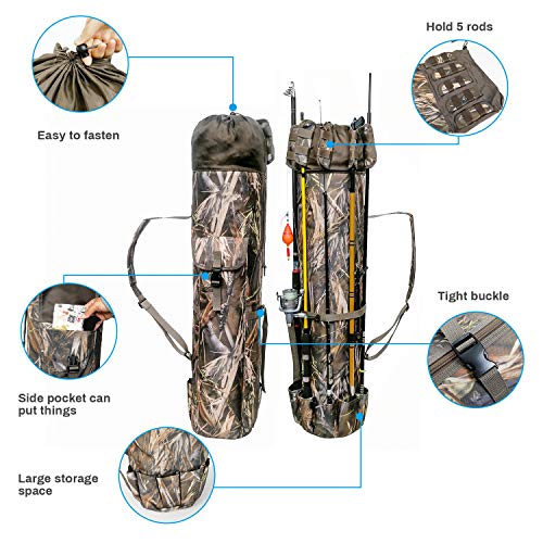 Allnice Durable Canvas Fishing Rod & Reel Organizer Bag Travel Carry Case Bag- Holds 5 Poles & Tackle - color: Camo