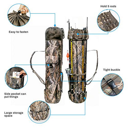 Allnice Durable Canvas Fishing Rod & Reel Organizer Bag Travel Carry Case Bag- Holds 5 Poles & Tackle - color: Camo