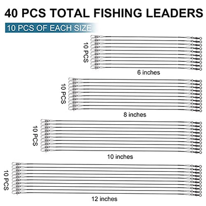 40Pcs Fishing Leaders, Upgrade Stainless Steel Leader, Premium Fish Wire Leaders, High-Strength Fishing Line Leader for Saltwater and Freshwater 4 Sizes, 6/8/10/12 Inches