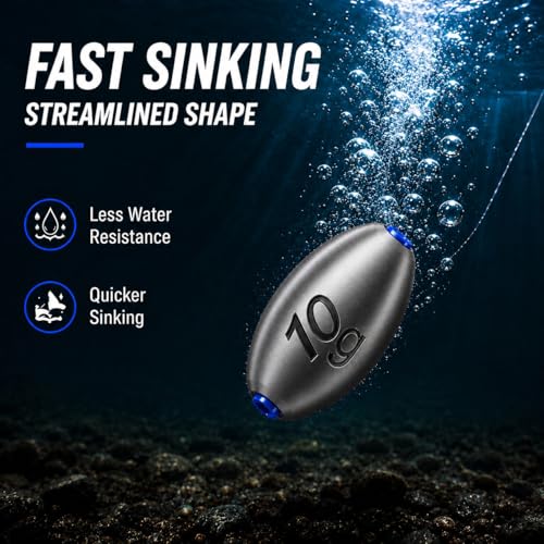 Egg Sinkers Fishing Weights, Oval Slip Sinkers Bullet Lead Fishing Weights for Freshwater Saltwater Tackle Set 1/8oz to 1oz - size: 3/8oz-10g-15pcs