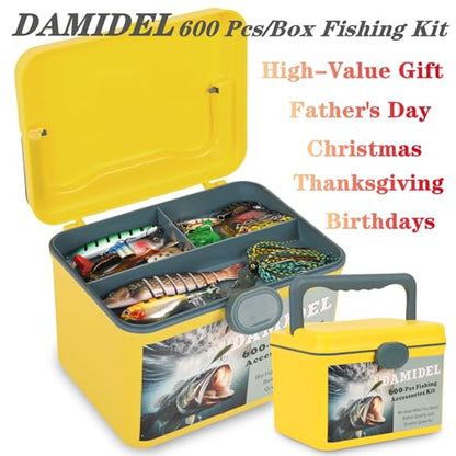 600 Pcs/Tackle Box Fishing Kit-Fishing Hooks,Sinkers, Swivels Snaps,Top Water Lure,Spoons,Soft Lures,Jig Heads, Frogs, Minnow, Accessories Equipment- Saltwater Freshwater Bass Bait Gear
