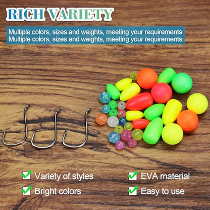 100/110/111pcs Pompano Beads Foam Floats for Fishing Float Sets for Surf Fishing Foam Bobbers Round/Bullet/Spin - color: Float+hook-111pcs