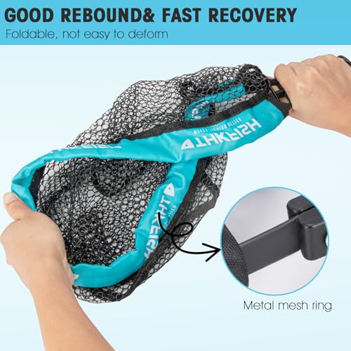 THKFISH Fly Fishing Landing Net, Foldable Landing Trout Net with ABS Handle,Rubber Coated Mesh Trout Net with Tackle Bag for Trout Bass Catch and Release, Portable Fly Fishing Gear,M/L - size: L-BLUE