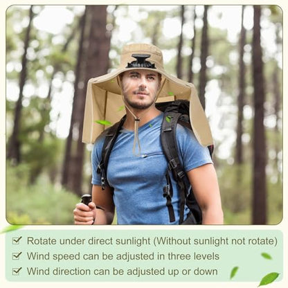 Maiteenly 2 Pcs Solar Fan Hat for Men with Neck Flap Bucket Fan Buit in Hats for Hiking Fishing Outdoor USB and Solar Powered - color: Black,khaki