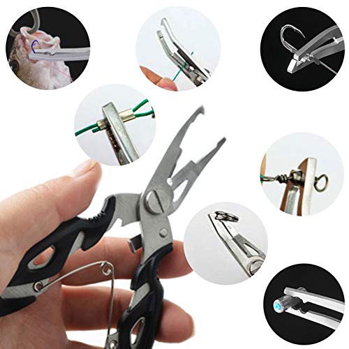 Fishing Pliers, Multi-Function Hook Remover Split Ring Fishing Gears Accessories, Stainless Steel Line Cutter with Sheath and Lanyard Fly Fishing Tools Set