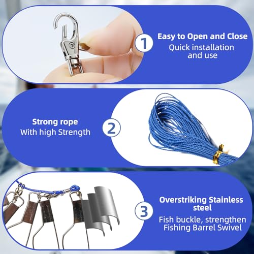 Fish Stringer，Fishing Stringer Set, 16ft Fish Holder Rope with 8 Rotating Snap Locks and Ground Anchor, Heavy Duty Fish Lock for Trout, Perch, Bass, Saltwater or Freshwater Use