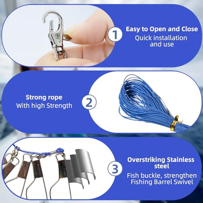 Fish Stringer，Fishing Stringer Set, 16ft Fish Holder Rope with 8 Rotating Snap Locks and Ground Anchor, Heavy Duty Fish Lock for Trout, Perch, Bass, Saltwater or Freshwater Use