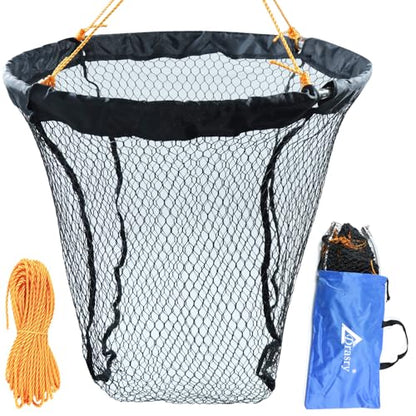 Drasry Foldable Bridge and Pier Fishing Landing Net - High Load-Bearing Aluminum Ring Drop Net for Saltwater Freshwater - Collapsible Basket With 49.2 FT Rope - color: black, size: 23.6*23.6*27.5 IN / 60*60*70cm, style: 0.99*0.59 in Mesh
