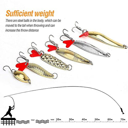 DONQL Spoon Fishing Lures, Metal Fishing Spoon Lures Hard Baits Saltwater Fishing Lures Spinner Baits Fish Treble Hooks Tackle Salmon Bass - color: Set B