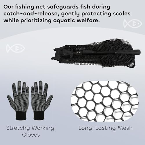 Yeahmart Fishing Landing Net with Telescoping Pole Handle, Foldable Fish Net Freshwater with Fish-Friendly Mesh for a Safe Release, Fishing Gear and Accessories for Men Women, Extend to 36-75 Inches