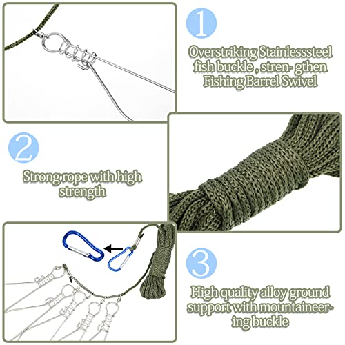 2 Sets Fishing Stringer Clip 16 Feet Rope Fish Stringer Fish Holder with 5 Stainless Steel Snap Hook for Kayak Fishing Gear Equipment Bass