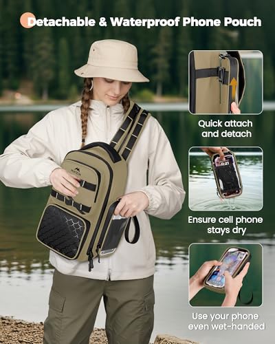 MATEIN Fishing Sling Bag with Phone Pouch, 3600 Tackle Box Backpack | Tackle Bag with Removable Bait Binder, Fishing Bag with Lure Rod Holder, Cooler Compartment, Waterproof, Women Fishing Gifts - color: Khaki & Black