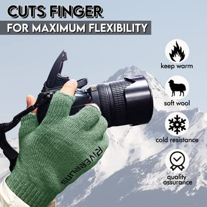 Riverruns Wool Fishing Gloves - Winter Fingerless Knitted Gloves for Men and Women 3-Cut Fingers Warm Gloves for Cold Weather, Fly Fishing, Ice Fishing, Kayaking - color: Green