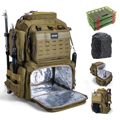 Goture Fishing Backpack with 4 Tackle Boxes, 78L 600D Water-Resistant Tackle Backpack with Cooler,Rod Holders, 8 Lure Pockets, Rain Cover, Large Fishing Bag Storage Gear Tackle Bag for Camping Hiking - color: D1:78L Insulated Khaki(With 4 3700 Tackle Boxe