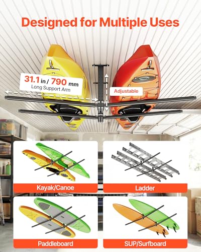 VEVOR Kayak Storage Rack, Heavy Duty Adjustable Freestanding Stand with Lockable Wheels for Indoor Outdoor Garage Shed Dock, Holder for Canoe, SUP, Surfboard & Paddleboard - style: Ceiling Rack - Black