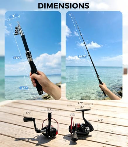 6.9ft 2Pcs Telescopic Spinning Fishing Rod Reel Combo, Portable Freshwater Fishing Pole Kit with Carrier Bag, Complete Fishing Gear