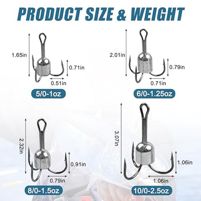 Snagging Hooks Snagging Weighted Treble Hooks 5pcs Large Weighted Fishing Hooks for Baitfish Tuna Swordfish Trout Salmon Fishing 4 Sizes 1oz 1.25oz 1.5oz 2.5oz - size: 10/0-2.5oz-5pcs