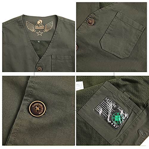 PRIJOUHE Men's Casual Outdoor Cotton Vest Lightweight Breathable Multi-Pocket Fishing Safari Travel Vests Outwear - color: 02-green, size: X-Large