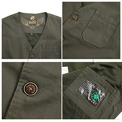 PRIJOUHE Men's Casual Outdoor Cotton Vest Lightweight Breathable Multi-Pocket Fishing Safari Travel Vests Outwear - color: 02-green, size: Small