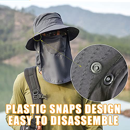 Fishing Hat for Men & Women, Outdoor UV Sun Protection Wide Brim Hat with Face Cover & Neck Flap - color: Dark Grey