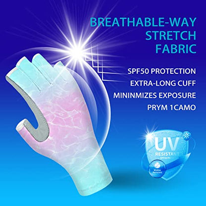 EDSRDUX UPF 50+ Fishing Gloves for Men Women, Long Cuff Fingerless Sun Gloves, Breathable Kayaking Sailing Sunscreen Gloves - color: P&G WaterWripple, size: Medium