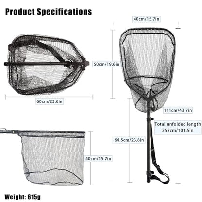 101.5in Large Fishing Net with Handle Carbon Fiber Coated Rubber Telescoping Minnow Long Landing Pond Net Collapsible Kayak Folding Fish Net - color: Carbon fiber