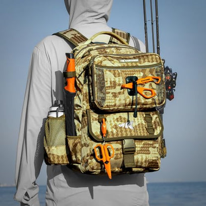KastKing BaitSpace Fishing Tackle Backpack with Removable Bait Binder,2 Rod Holders Storage Fishing Gear and Equipment - color: H: Khaki Camo, size: Without tackle box