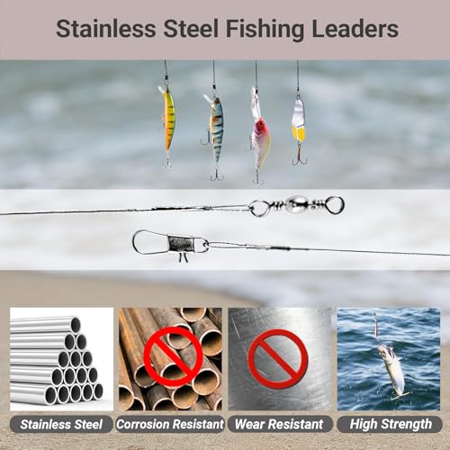 QISHUO Stainless Steel Fishing Leader Saltwater Snap Rigs Wire Leader Line High Strength Fishing Leaders Bait White Nickel 60pcs