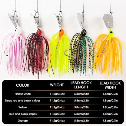5Pcs Buzz Bait Fishing Bladed Jigs Lures Multicolored Jig Skirts for Bass Trout Walleye 3.15in/0.39oz