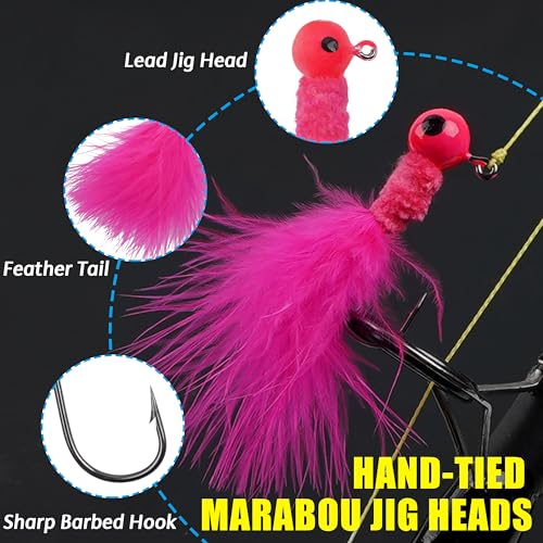 Shaddock Fishing Marabou Jig Heads Kit, 25pcs Crappie Lures Hair Jigs Round Ball Head Hooks Feather Baits for Bass Sunfish Trout Walleye Panfish 1/8oz 1/16oz 1/32oz - size: 25pcs-1/32oz
