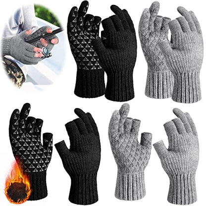 Giegxin 4 Pairs 3 Cut Fingers Fishing Gloves for Men and Women - Warm Fingerless Fly Fishing Wool Non-Slip Hunting Photography Windproof Work Kayak Gloves, Black Gray - size: Large