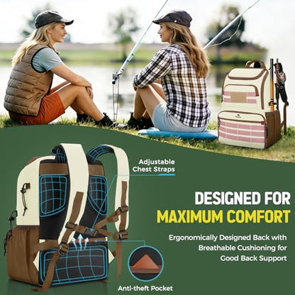 MATEIN Fishing Backpack Tackle Box, Tackle Backpack with Cooler for Men | Tackle Box Backpack, Fishing Bag with Rod Holders, Hold 4 3600 Tackle Boxes, Water Resistant, Gear Accessories, Fishing Gifts - color: Beige & Brown & Pink