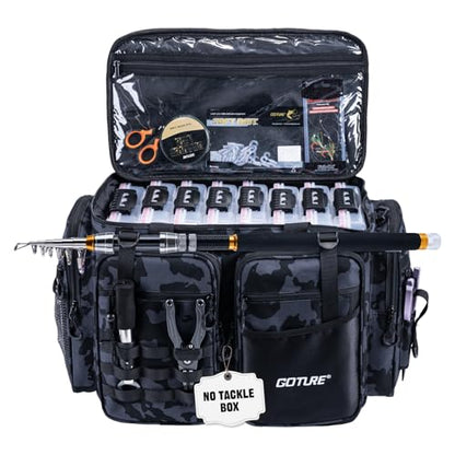 Goture Large Tackle Bag,Store Up to 8PCS 3700 Plus 4PCS 3600 Tackle Trays(Not Included),Water Resistant Saltwater Gear Storage Big Fishing Bag with EVA Bottom,Gifts for Men(21.65"x11.8"x15.16") - color: A1 Camo 2 Extra Large Without Trays