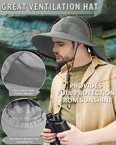 Tirrinia Wide Brim Sun Hat with Neck Flap for Men & Women, Breathable Hiking Fishing Safari Hat, Outdoor UV Protection Cap - color: Gray