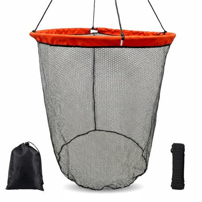Foldable Bridge and Pier Fishing Landing Net - High Load-Bearing Aluminum Ring Drop Net for Saltwater Freshwater - Collapsible Basket with 50 FT Rope