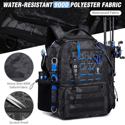 Fishing Tactical Backpack with 2 Rod Holders, Waterproof Tackle Bag with Bottle Holder,50L Extra Large Fishing Bag for Fishing Gear and Equipment, Black Camo - color: Black Camo
