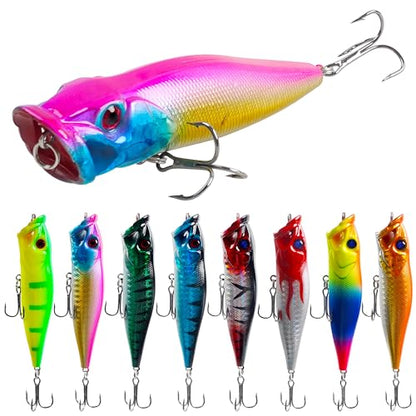 Popper Fishing Lures Kit,8pcs Saltwater Popper Lures Hard Baits Bass Fishing Lures Floating Lures Pencil Poppers Swimbaits for Bass Trout Walleye Freshwater Saltwater
