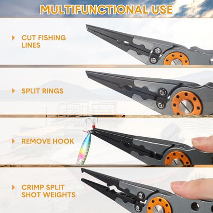 Lasnten 2 Pcs Fishing Pliers Saltwater Braid Cutters 7.8'' Fishing Hook Remover Split Ring Fishing Tools with Sheath and Lanyard Gear Gifts for Fish Line Cutting Boat Fly Ice Fishing (Gray) - color: Gray