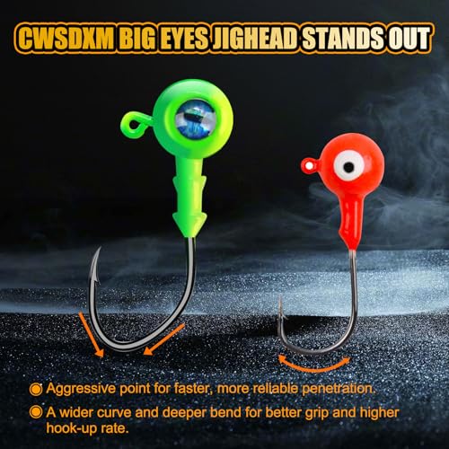 Round Jigs Heads for Fishing, 3D Eyes Ball Head Hooks with Stacked Cone Keeper, 1/8oz 1/5oz 1/4oz 3/8oz Crappie Jig Heads for Bass Fishing Trout Crappie Panfish Walleye - size: Assorted size-30PCS