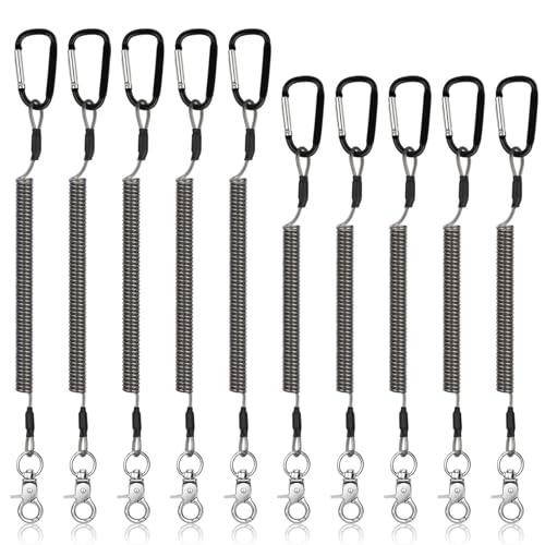 TSV Fishing Lanyards, 10PCS Retractable Fishing Tool Coiled Lanyard with Carabiner Keychain, 2 Sizes Leash Tether for Pliers Kayak - color: Black