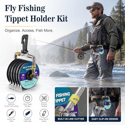 Meonum Fly Fishing Tippet Holder Kit with 5 Tippet Spools 2X-6X, 50m/55Yds Portable Leader Organizer System with Integrated Line Cutter and Line Retainers for Beginners & Trout Fishing