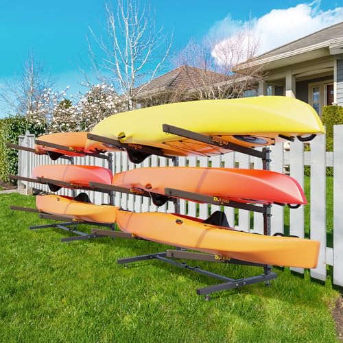 Bonnlo Kayak Storage Rack, Adjustable Heavy Duty Kayak Rack for Kayaks Paddle Boards, Kayak Paddle Holder for Garage, Spacesaver, Gentle on Padding, Boat Organizer - style: 3 Kayaks, Free Standing(Londger Arms)