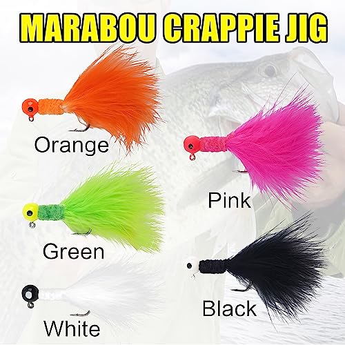Crappie Jigs,30pcs Hand-Tied Marabou Hair Jig Heads with Feather 5 Colors Ice Fly Fishing Lures Bucktail Jig Fishing Teaser for Panfish Sunfish Walleye Hair Jig Bait 1/32 1/16 1/8 oz - color: 1/32(0.87g) - 30pcs
