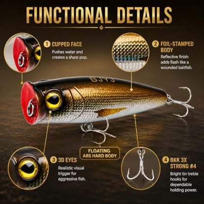 Topwater Popper Fishing Lure, 4in 0.81oz ABS Floating Saltwater Bait with BKK 3X #4 Treble Hooks, Foil-Stamped Finish for Inshore Striped Bass Redfish Snook Tarpon - color: A1-1PCS/0.81OZ-4"