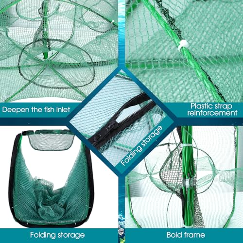 Windyun 2 Pcs Foldable Shrimp Trap 32 x 10 Inches Fishing Trap 10 Holes 10 Sides Portable Fishing Bait Nets for Minnow Crayfish Shrimp Crawdad Bait Accessories with Rope, Bag