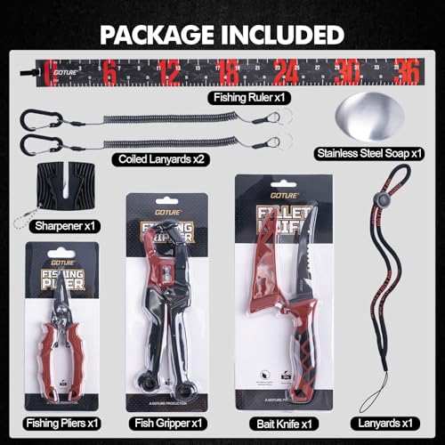 Goture Fishing Tool Kit,Fishing Pliers,Fillet Knife with Sheath,Fish Lip Gripper,Fish Hook Remover,Lanyard,Line Scissors,Sharpener,Stainless Steel Soap,Saltwater Gear Kit,Red/Pink,Gifts for Men/Women - color: A6:9pcs Fishing Tool Kit