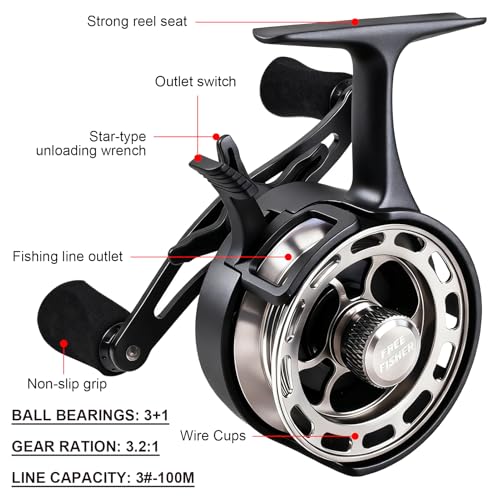 Ice Fishing Reels 3.2:1 Gear Ratio Ultra Smooth 3+1Ball Bearings Strength CNC-machined Aluminum Inline Ice Fishing Reel with Left/Right Hand Retrieve - color: Black-Left Hand Retreive