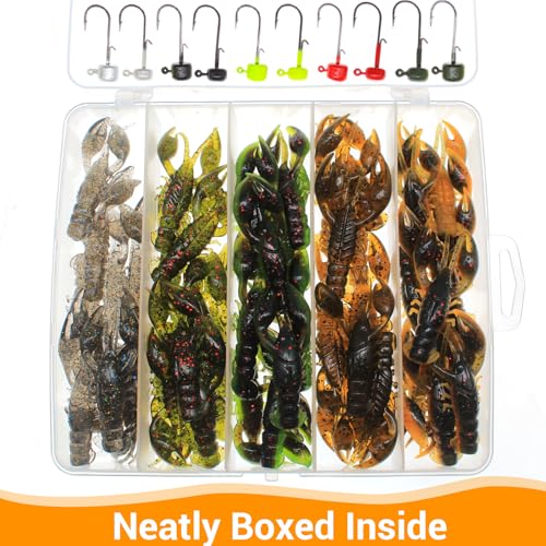 Soft Plastic Crawfish Lures Kit with Jig Heads, 25pcs/60pcs Creature Baits Fishing Lure Set for Bass Trout Pike Freshwater Fishing - color: 60pcs