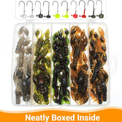 Soft Plastic Crawfish Lures Kit with Jig Heads, 25pcs/60pcs Creature Baits Fishing Lure Set for Bass Trout Pike Freshwater Fishing - color: 60pcs