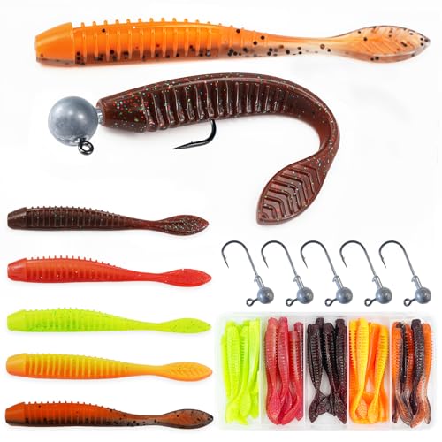 Soft Plastic Fishing Lures 45-Piece Kit with Jig Heads | Realistic Leaf Tail TPE Swimbaits | Lifelike Swimming Action Bass Baits for Freshwater & Saltwater Game Fish